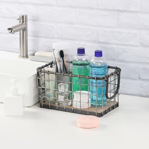 11.5" Wide Rectangular Sturdy Hand Welded Farmhouse Metal Wire Basket with Rustic Wooden Bottom For Shelves, Closet Storage Bins for Shelves. Also For Laundry, Towel, Spice Rack, Tool Box (11.5"x7")