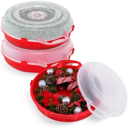 HOMZ Holiday Storage 24" Clear Plastic Wreath Container, Red, 3 Pack