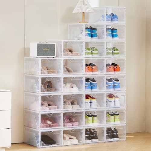 XX-Large Shoe Sneaker Storage Boxes for Size 14,Easy-to-Install Shoe Boxes, Thick and Stable, Stackable Shoe Boxes, Closet Organization (Clear White, XXL-8-pcs)