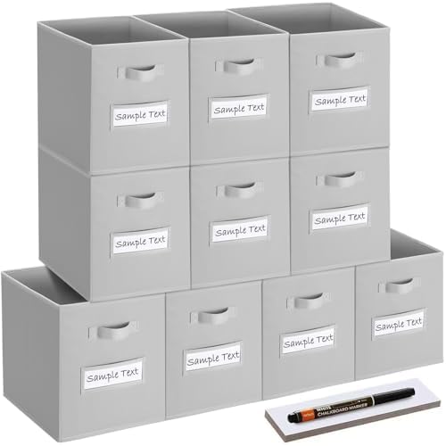 13x13 storage cube bins (Set of 10) Foldable Fabric storage cubes with 10 Labels Window Cards & a Pen,13 inch cube storage bins,Closet Organizers for Shelves,Cubby Organizer Boxes,Light Gray