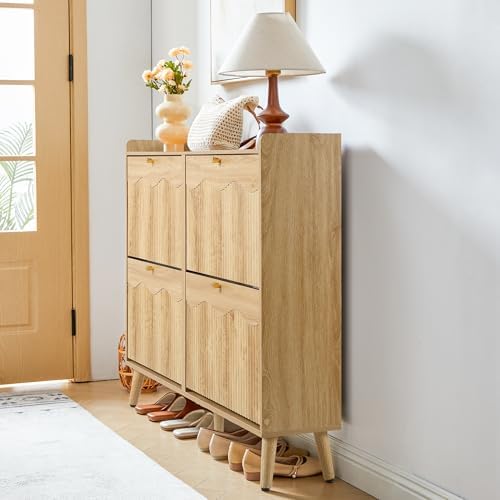 BERRYMERRY Natural 47.2” Shoe Storage Cabinet with 4 Flip Drawers