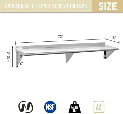 Hally Stainless Steel Shelf 18"x72" NSF Commercial Wall Mount Rack Shelving | 500LB, Metal Wall Shelves, Kitchen Racks & Shelves, Floating Shelving, Heavy Duty, for Restaurant, Kitchen, Home & Hotel