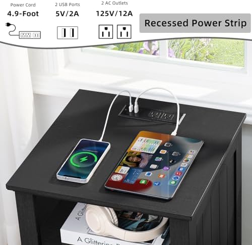 Joaxswe 18" Farmhouse Night Stand Set 2 with Charger Station & 2 Drawers | Nightstand with Storage, Black Bedside Table w/ 4 Wooden Legs, End Table Bedroom, Bed Side Tables for Living Room, Office