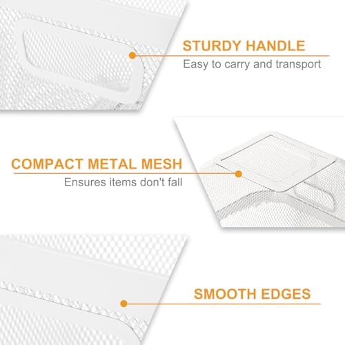 MorningRo 4 Pack Metal Mesh Basket with Hollow Handles White Wire Storage Bin for Organizing Stackable Metal Fine Mesh Basket for Pantry Bathroom Kitchen Cabinets Shelves (Large)