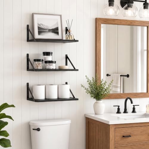 Black Floating Shelves 16 Inch Long, Set of 3, 12 Inch Deep Wall Shelves