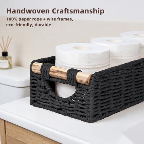 CubesLand Back of Toilet Storage Basket for Organizing W/Cut Out Handle | Handwoven Toilet Tank Top Paper Baskets, Wicker Decorative Basket for Countertop, Home Decor, Living Room, Nursery, Black