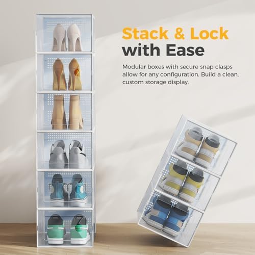 NEWBULIG 15 Pack Clear Shoe Storage Boxes, XXL-Stackable Sneaker Storage Case with Lids, Shoe Display Containers Organizer for Closet, Under Bed, Entryway, White