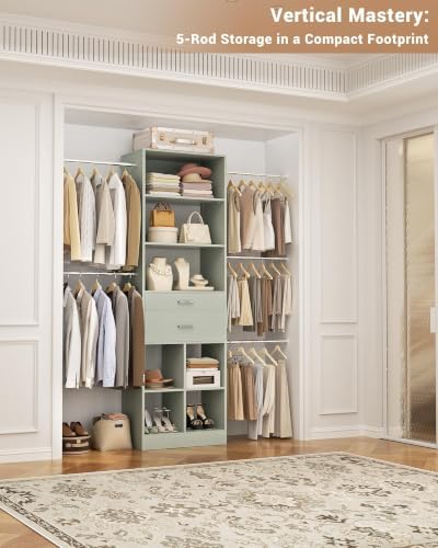 Small Closet System, 3.2-6.8FT Small Closet Organizer with 2 Wooden Drawers & 5 Hanging Rods, Can Fit 37.5 to 81.9 inch Walk-in Closet System, Built-in, Crab Green, Enclosed Storage Volume 2.32 ft³