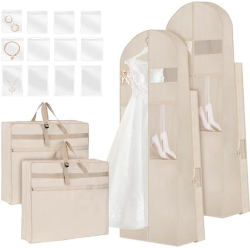 Wedding Dress Garment Bag,72" Tri-Fold Bridal Gown Bag with 12 Pouches and Adjustable Buckle Gown Cover for Wedding/Prom/Travel/Closet Storage (2pcs Beige)