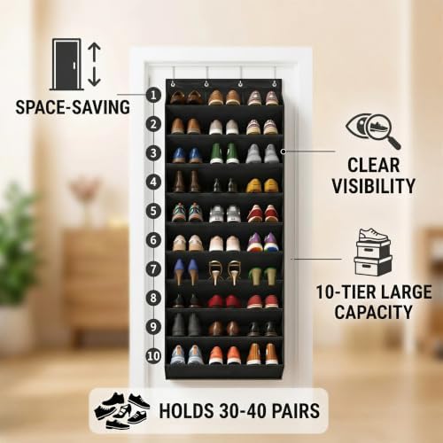 30 Pairs Over the Door Shoe Organizer, Extral Large Hanging Shoe Rack Storage for Closet, 10-Tier Heavy Duty Shoe Holder for Boots Sneakers (Black)