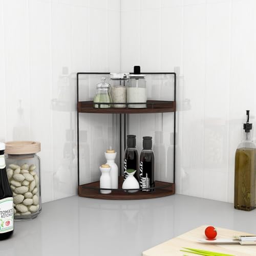 Dorhors Corner Bathroom Counter Organizer,Vanity Countertop Storage Shelf | 2-Tier Walnut Rack Holder for Skincare,Perfume,Makeup,Lotion,Wood Sink Tray Stand for Kitchen,Restroom,Dresser