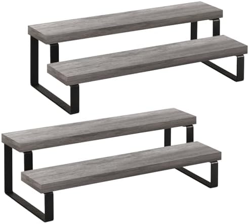 YINMIT Wooden Display Riser Stand, Tiered Perfume and Cologne Organizer Stand, 2 Tier Spice Rack Organizer, Rustic Display Shelf for Candles (2 Tier,2Pack,Grey)