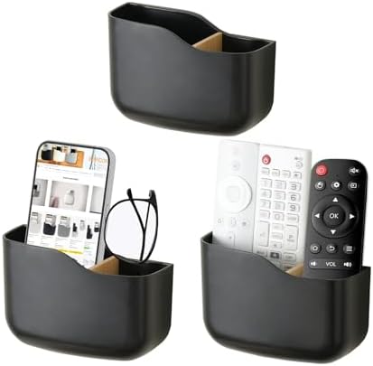 SUNFICON Wall Mount Remote Holder TV FAN Remote Control Holder Bedside Caddy Wall Organizer Phone Holder for Office Adhesive Media Player Controller Holder Box Tray Home Desk Nightstand 3 PACK BLACK