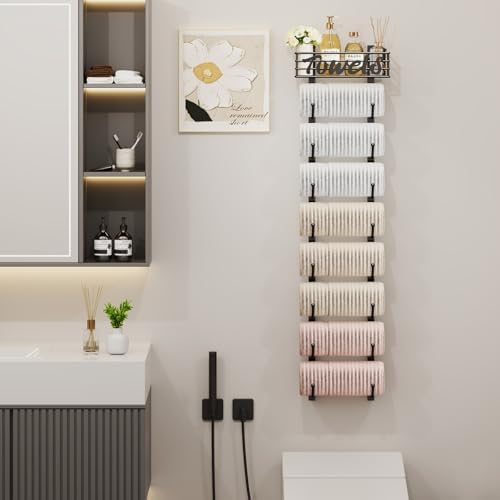 SWTYMIKI Hanging Towel Racks for Bathroom - 9 Tier Over the Door & Wall Mounted Bath Rolled Towel Storage Organizer Holder for Small Bathroom, RV, Camper, Black (Patented)