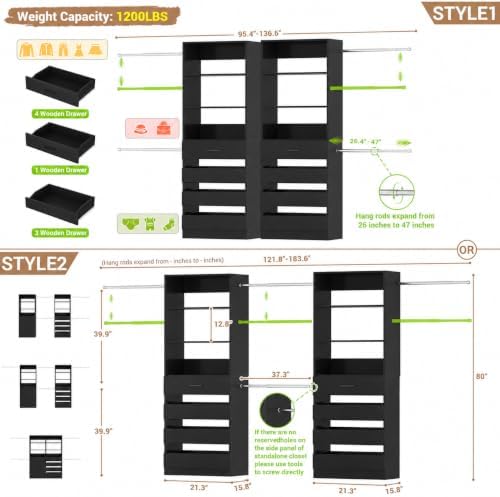 Aheaplus Closet System, 6-15Ft Custom Wood Closet Organizer with 8 Drawers