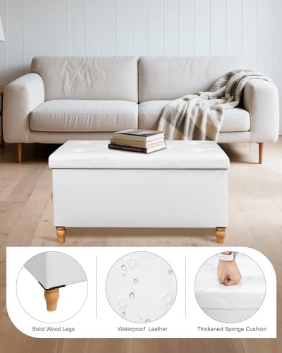 GLAXYFUR 30 Inches Ottoman with Storage, Folding Bench with Legs, White