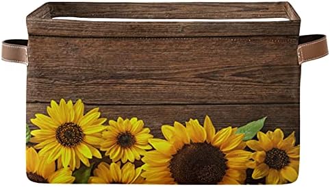 Sunflower Wooden Board Cube Storage Bin with Handle Collapsible Laundry Storage Basket Rectangle Toys Organizer for Home Office Closet Shelves Nursery 1 Pack