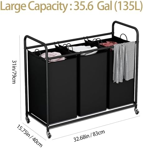 LINZINAR 3 Section Laundry Hamper, Black Laundry Basket 135L Laundry Sorter | Laundry Room Organization with Heavy Duty Rolling Lockable Wheels and Removable Bag, Bedroom Laundry Cart for Clothes Storage
