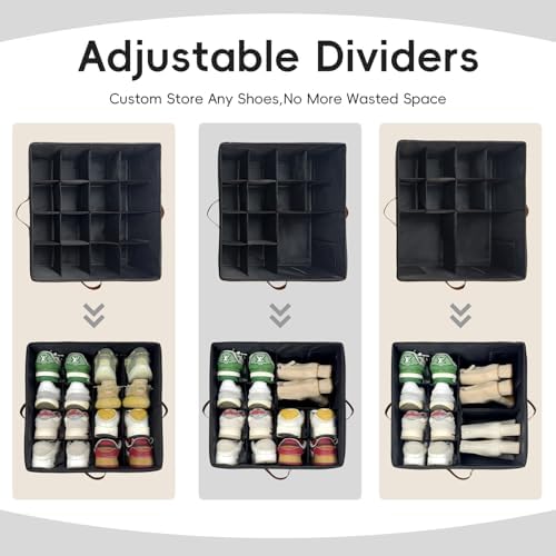 Shoe Organizer for Closet, 2 Pack Shoe Storage Bins with Clear Cover, Adjustable Dividers Fits 16-32 Pairs ShoeBoxes, Organizador de Zapatos, Navy Blue