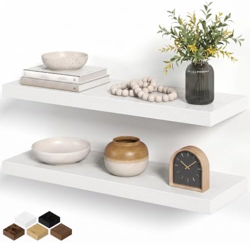 Fun Memories White Floating Shelves for Wall Set of 2, 28" White Floating Shelves for Home Decor, Rustic Wood Wall Mounted Shelf, Hanging Deep Shelf for Living Room, Bedroom, Bathroom, Kitchen