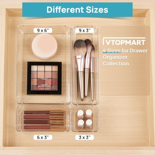 Vtopmart 10 Pack Clear Drawer Organizer Bins, 4 Sizes Makeup Storage Trays | Makeup & Vanity Storage Organizers for Drawers, Bathroom, Office and Daily Essentials, Clear Acrylic Bins Keep Items Sorted