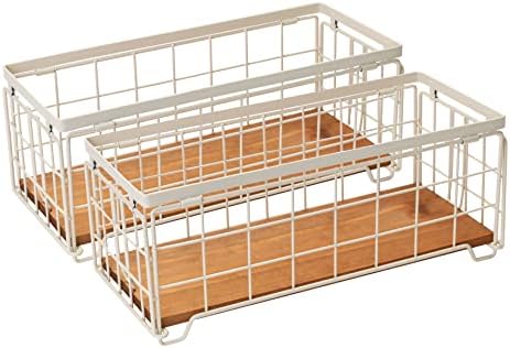 Metal Wire Storage Basket, Toilet Paper Roll Holder Wood Base Countertop Decor Box Toilet Tank Shelf Cabinet Organizer for Bathroom Pantry Garage Bedroom Livingroom (Cream White (2 Pack))