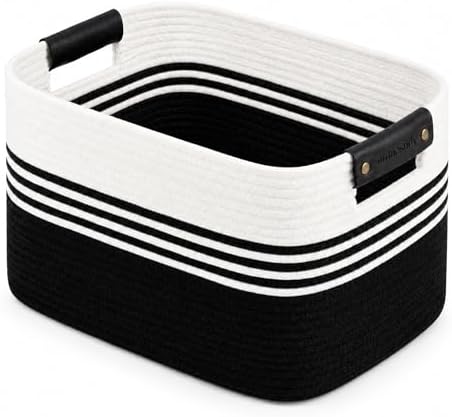 Cotton Rope Laundry Basket Large, 19.2GAL Collapsible Woven Storage Baskets for Living Room Kids Toys Stuffed Animal,Boho Rectangular Decorative Short Hamper for Dirty Clothes, Blankets White Black