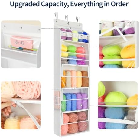 Yecaye Hanging Yarn Storage Organizer with 5 Zippered Closure Compartments, Heavy Duty Stuffed Animal Storage with Clear PVC, Dustproof Yarn Holder for Crocheting Storage, Ivory 5 Tier
