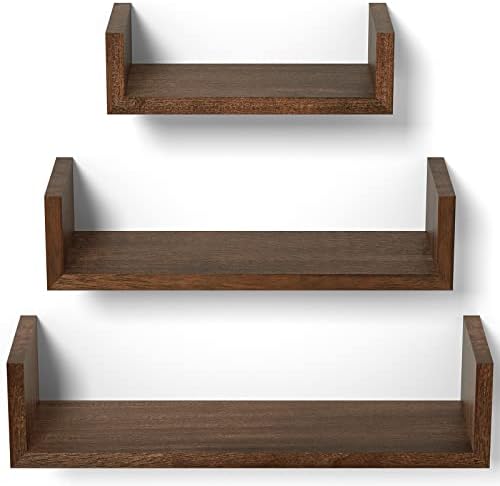 SRIWATANA Dark Brown Floating Shelves, Set of 3 Wood Wall Mounted Shelves