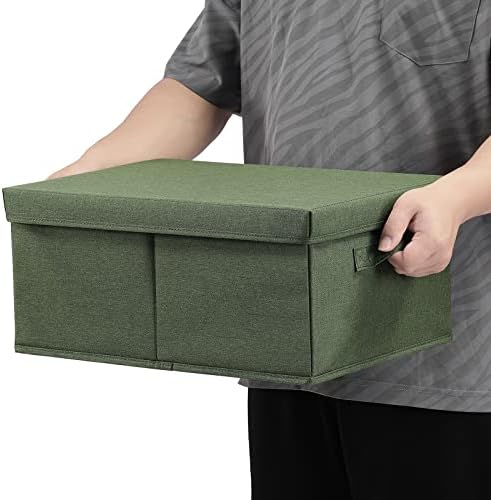 HOONEX Storage Bins with Lids for Organizing, Pack of 2, Storage Boxes with 2 Carrying Handles and Sturdy Heavy Cardboard, 16.5" L x 11.8" W x 7.5" H for Shoes, Books, Clothes, Olive