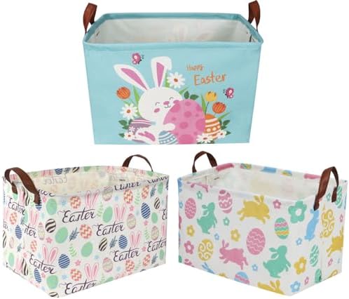 Sanjiaofeng Rectangular3Pack Easter baskets , Kids Easter Storage Bins Organizer.Boys and Girls,Easter Bunny Eggs Decor,Toys,Books,Easter Gifts . (3Pack Easter)