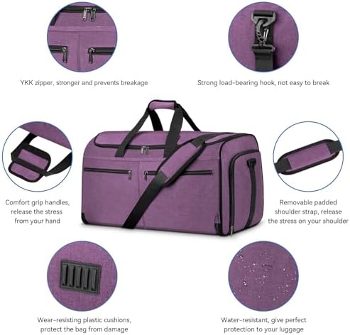 Large Garment Bag for Travel, Bukere Convertible Suit Travel Garment Duffel Bag for Women Business, Shoe Compartment, Detachable Shoulder Strap, 2 in 1 Hanging Suitcase Suit Travel Bags, Purple