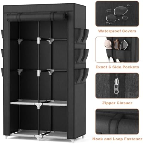 VTRIN Portable Closet Wardrobe Closet for Hanging Clothes with 4 Storage Shelves, 2 Hanging Rods and 6 Pockets, Stable and Easy Assembly Clothes Rack with Cover Free Standing Closet for Bedroom, Black