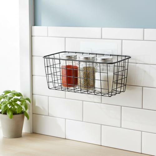 Black Hanging Wall Baskets,inside cabinet door organizer,Adhesive Wire Wall Storage Baskets for Pantry and organizer, Kitchen onion Food photo Bathroom,No Drilling Wall Mounted Basket,2 Pack