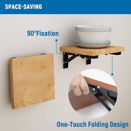 LEOPO 20 Inch Folding Shelf Brackets, 2 Pack Foldable Shelf Supports | Heavy Duty Triangle Wall Mounted Collapsible Brackets for Fold Down Table, Space Saving for Bench Table with Screws, Black