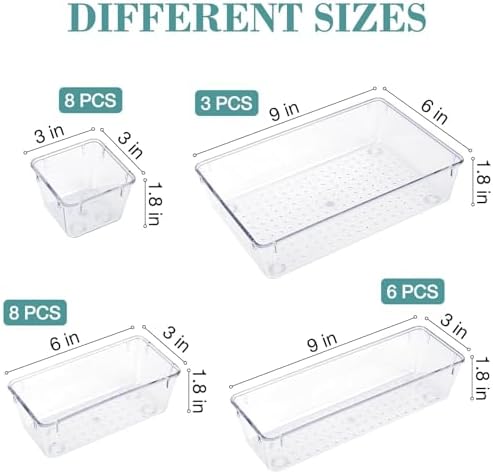 25 PCS Drawer Organizer Set, 5 Size Bathroom and kitchen organizer Trays | Bathroom and kitchen Drawer cabinet organizer Trays, Clear Storage Bins for Makeup, Jewelry, Utensils and Gadgets
