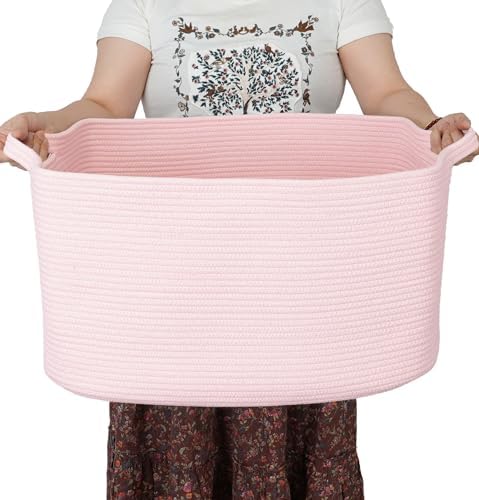 XUANGUO Large Rectangle Woven Cotton Rope Blanket Basket 22"x17"x12" Pink | Storage basket for nursery and living room; toy basket for kids, laundry basket for clothes and towels, or gift basket.