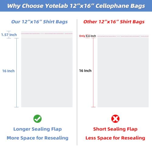 Yotelab Self Sealing Clear Bags for Shirts and Sweaters, 12x16 In, 100 Pcs