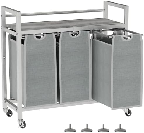 SwaaVee Laundry Sorter, Laundry Hamper 3 Section, 3×11.4Gal, Metal Frame Rolling Laundry Basket with Wooden Top Shelf, Pull out and Removable Laundry Bags, 3 Bags-Gray