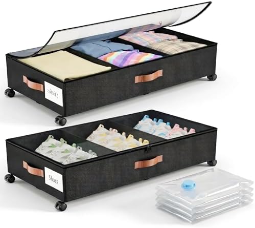 Underbed storage box with wheels that can be pulled, equipped with a partition, 66L (32 x 17.3 x 7.2) inches with 3 compression bags, suitable for storing clothes, blankets, bedding and shoes.