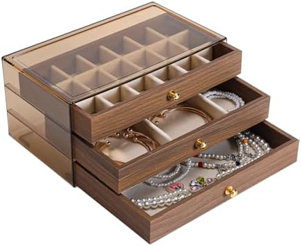 3 Layer Wooden Drawers Jewelry Box Vintage Style Jewelry Organizer with Acrylic Cover, Jewelry Storage Display Box for Ring Earrings Necklace Bracelet Box for Women and Girls(Walnut Color)(A)