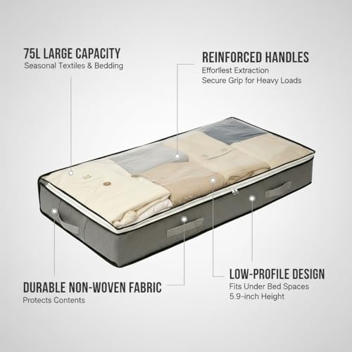Under Bed Storage Bag with Handles, 75L Large Capacity Non-Woven Fabric Container for Comforters and Blankets, Fits Under Standard Beds