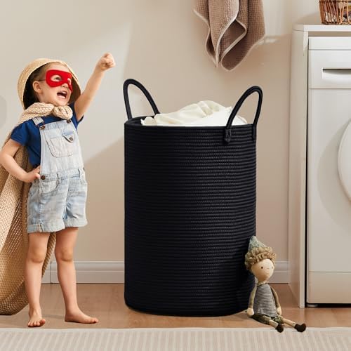 80L Large Black Laundry Basket Tall Woven Hamper for Clothes | Modern Blanket Storage Basket in Living Room Bedroom 16Dx22H"