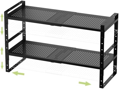 Jojocross Expandable Stackable Aadjustable Shoe Rack Pantry Shelf for Kitchen Cabinets Counter Shelves Countertop Cupboard Storage Solution,Sturdy Heavy-Duty Metal Construction(2Packs/Black/Medium)