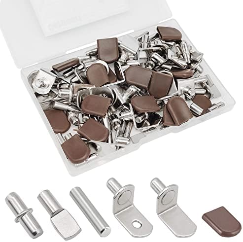 102Pcs Shelf Pins Pegs Kit,6 Styles Nickel Plated Shelf Support Pegs,Bookshelf Pegs for Shelves,L-Shaped Clips with Rubber Sleeve,Shelf Pins Holders for Furniture Glass Corner & Closet(5mm & 1/4inch)