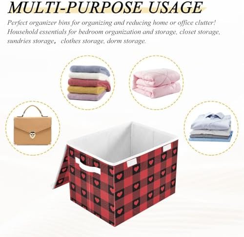 senya Valentines Storage Baskets Collapsible Storage Bins with Lids, Red Buffalo Check Gingham Love Heart Storage Boxes Clothes Baskets for Organizing
