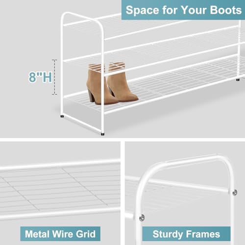 AOODA Long 3 Tier Metal Shoe Rack for Closet Wide Stackable Shoe Storage Organizer for Entryway, Bedroom, Floor, 24-Pairs Men Sneakers Boot Shelf with Wire Grid, White