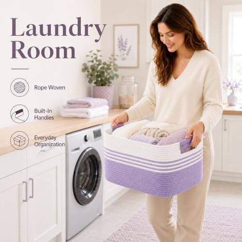 22.8GAL Xl Extra Large Laundry Basket for Bathroom, Dorm Dirty Clothes, Sturdy Portable Aesthetic Boho Cute Woven Storage Shoes Blanket Baskets for Living Room Decor Girls Boys Pets Toys White Purple