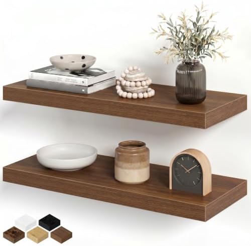 Floating Shelves for Wall, 24 Inch Floating Shelves Set of 2, Wall Mounted Rustic Wood Shelf for Bathroom, Living Room, Bedroom and Kitchen, Hanging Shelf for Storage, Books, Home Decor, Walnut