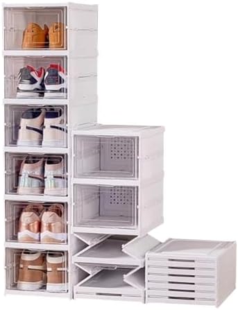Foldable Shoe Rack,No Assembly Stackable Shoe Storage Box with Doors,Free Standing Plastic Space Saving Shoe Cabinet Bins Dustproof,Folding Shoe Box Organizers (6 Tier-6 Pairs White)
